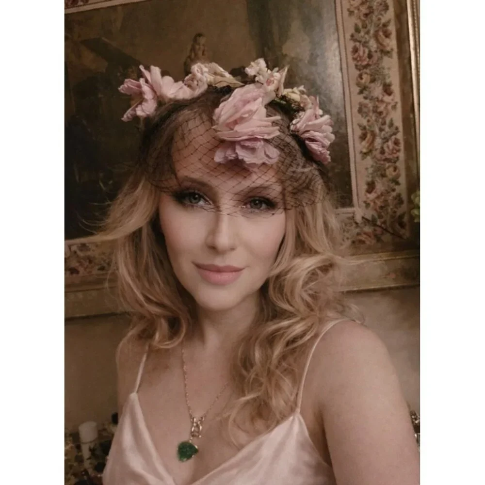 LOUIS Styled in California Vintage Floral Hat Black Net Pink Silk Roses